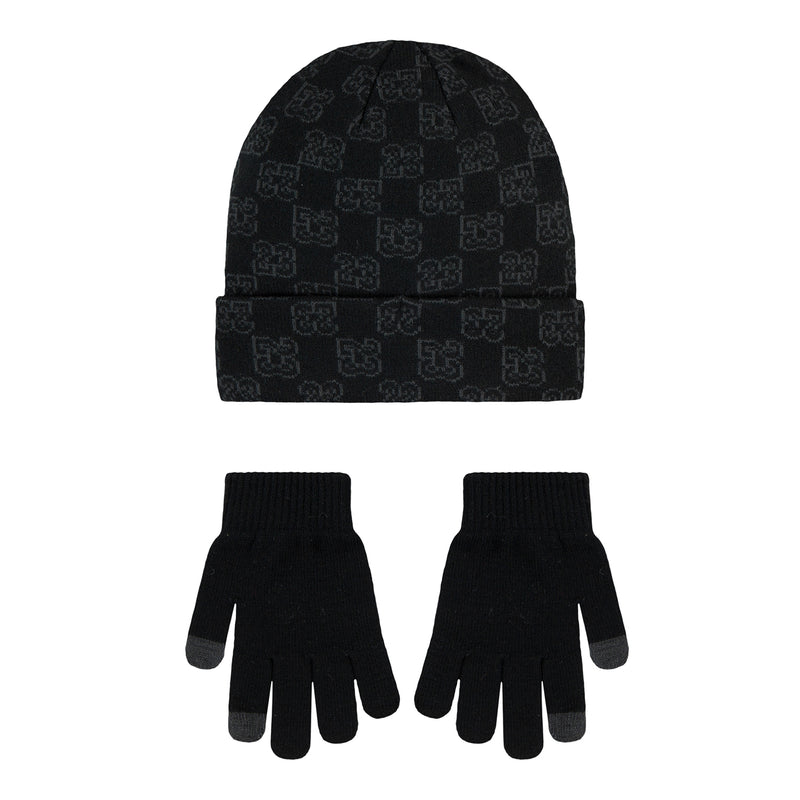 Youth monogram beanie and gloves set, dark knit with gold Jordan logo