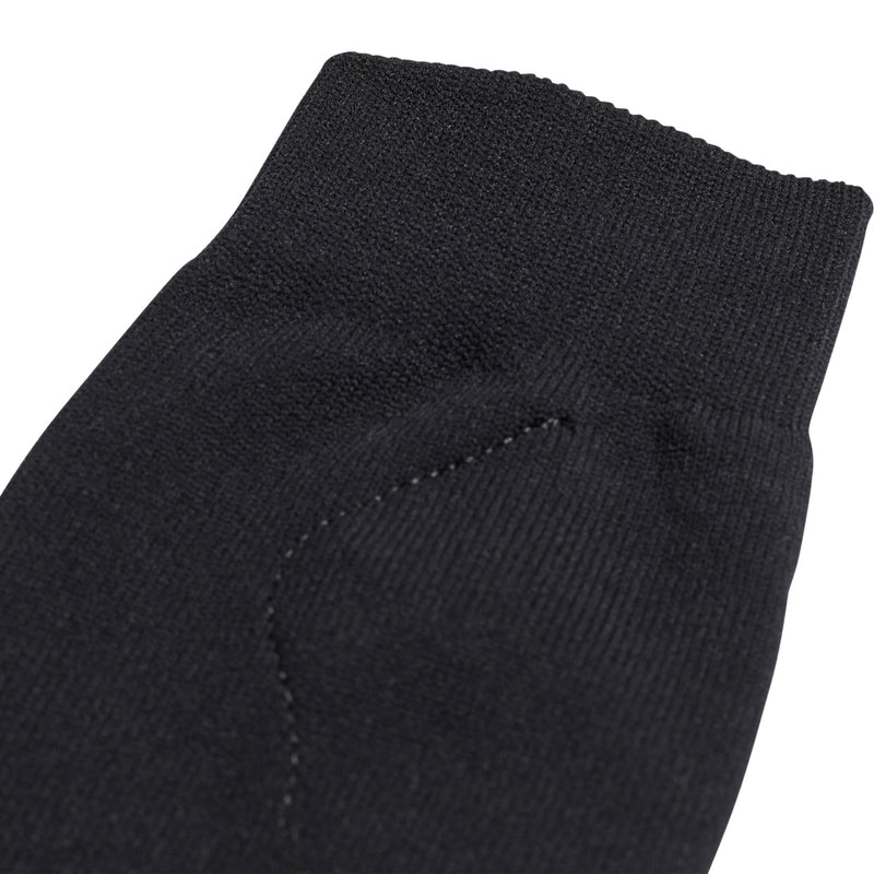 Black fabric sleeve for youth sock guard with stitched seam and elastic knit top