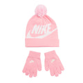Pink knit beanie with pom and white Nike swoosh, plus matching pink gloves