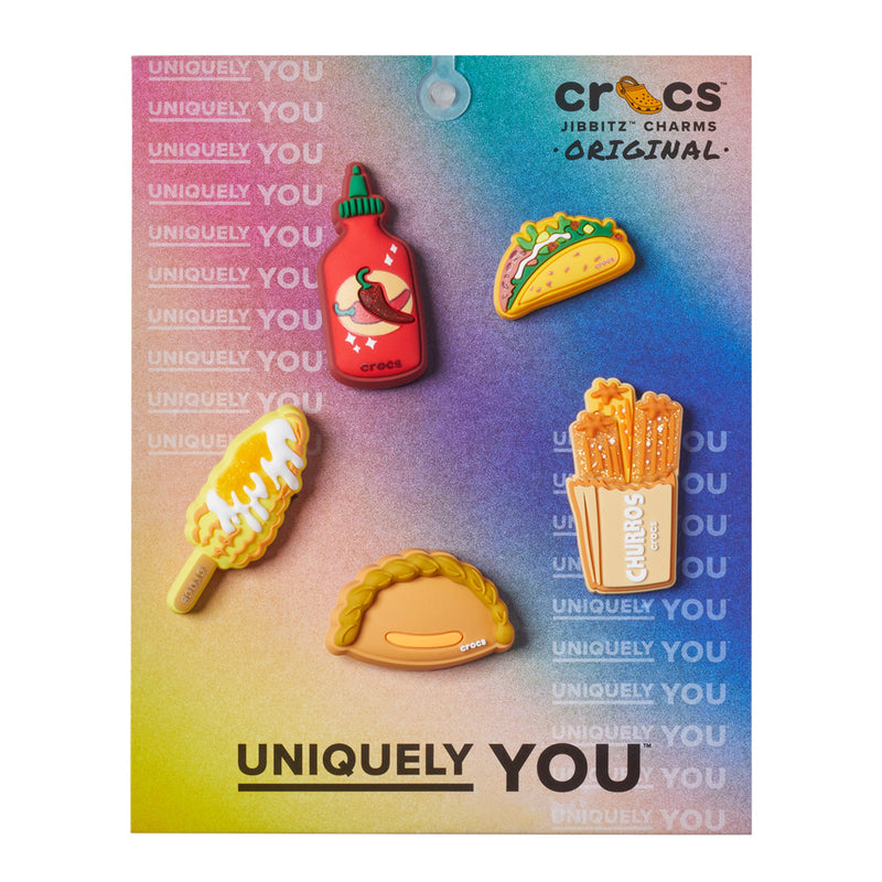 Food-themed Jibbitz charm set: taco, bottle, corndog, fries, popsicle (5 pack)