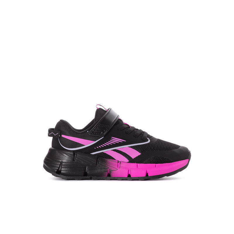 Kids black and pink sneakers with hook-and-loop strap and zigzag sole tread