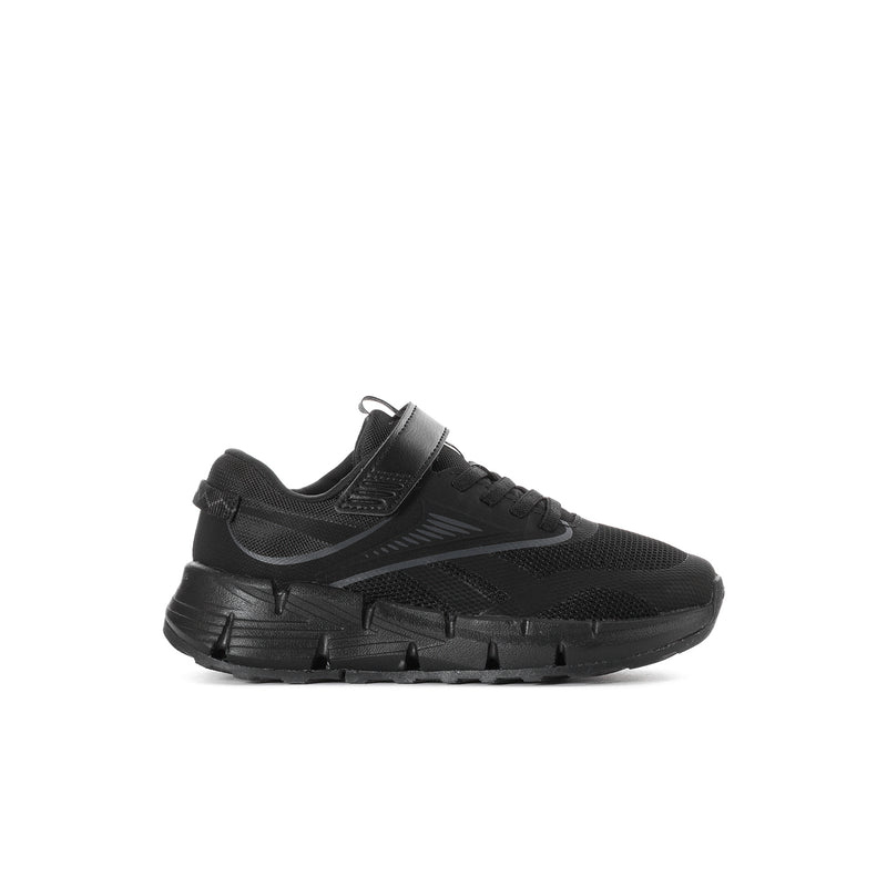 Black kids running sneaker with hook-and-loop strap and textured mesh upper