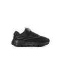 Black kids running sneaker with hook-and-loop strap and textured mesh upper
