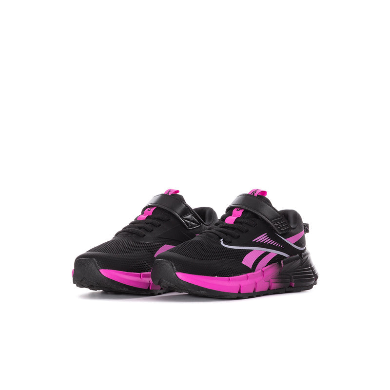 Kids black and pink sneakers, side view, lace-up style with bold pink accents