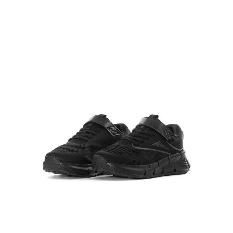 Black kids running sneaker pair, side view with lace-up styling and strap