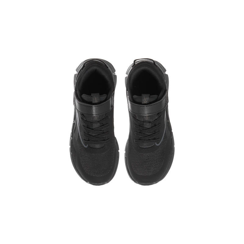 Black kids sneaker pair, front view with padded collars and lace-up design