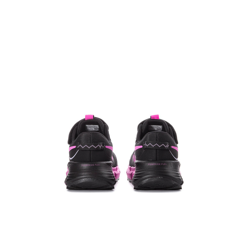 Kids black sneakers with pink heel pull tab and chunky outsole