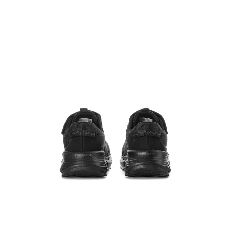 Black kids sneaker pair, back view with heel pull tabs and cushioned collar