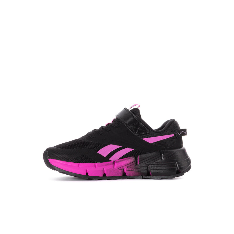 Kids black and pink sneakers with mesh upper and side zigzag graphic