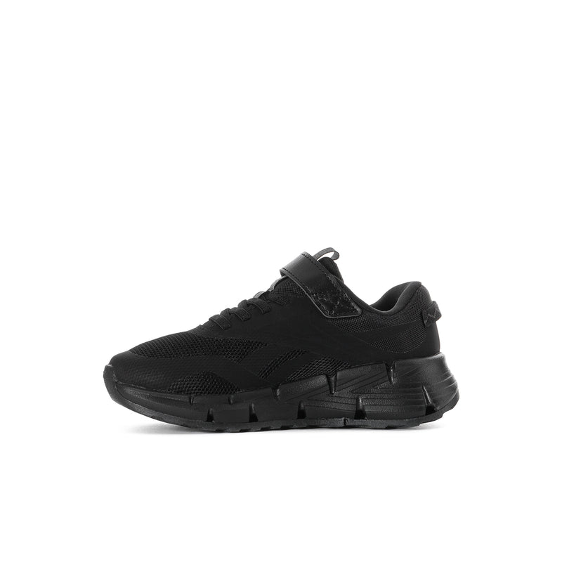 Black kids running sneaker, front side view with stitched overlays and strap