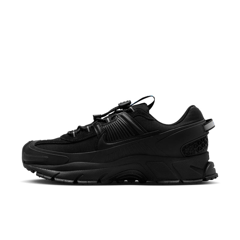 Women’s black trail running shoes with side texture detailing and blue lace accents