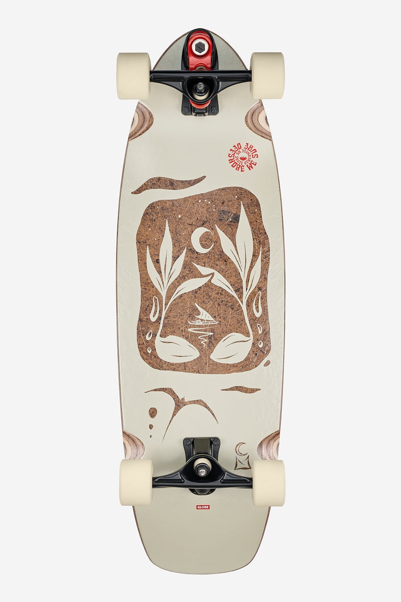 Top view of Zuma Surf Skate 31 Coconut Voyager deck with coconut husk artwork and cream wheels.