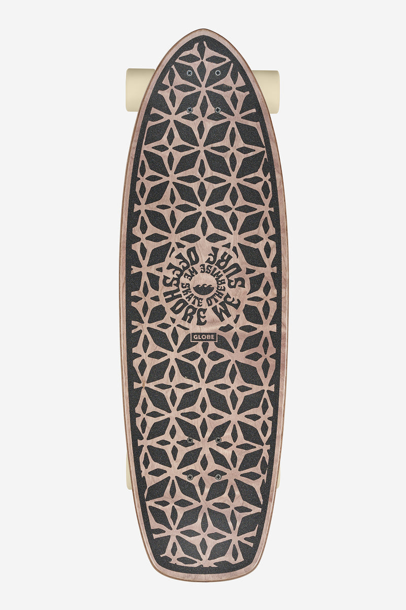Edge view of Zuma Surf Skate 31 Coconut Voyager showing patterned deck and cream wheels.